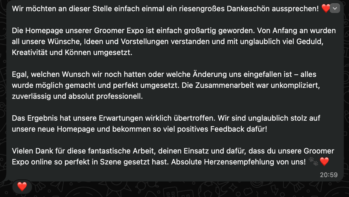 WhatsApp-Nachricht von Sonja (Groomer Expo): ein grosses Dankeschön für die neue Homepage