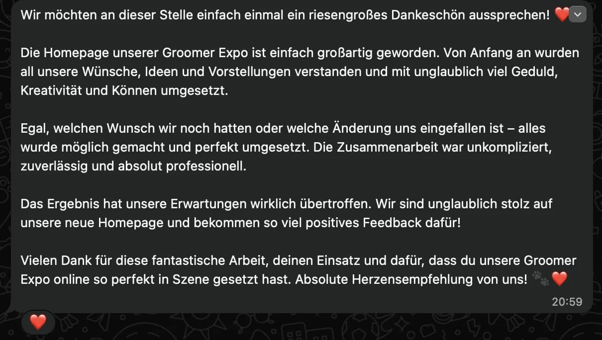Original-WhatsApp-Nachricht von Sonja (Groomer Expo)