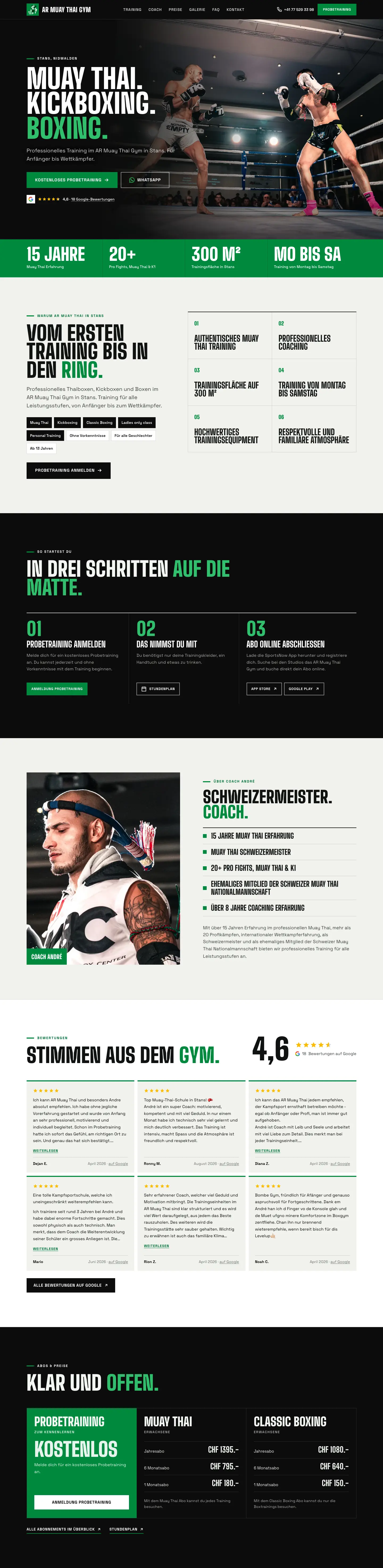 Ganze Startseite der Website von AR Muay Thai Stans