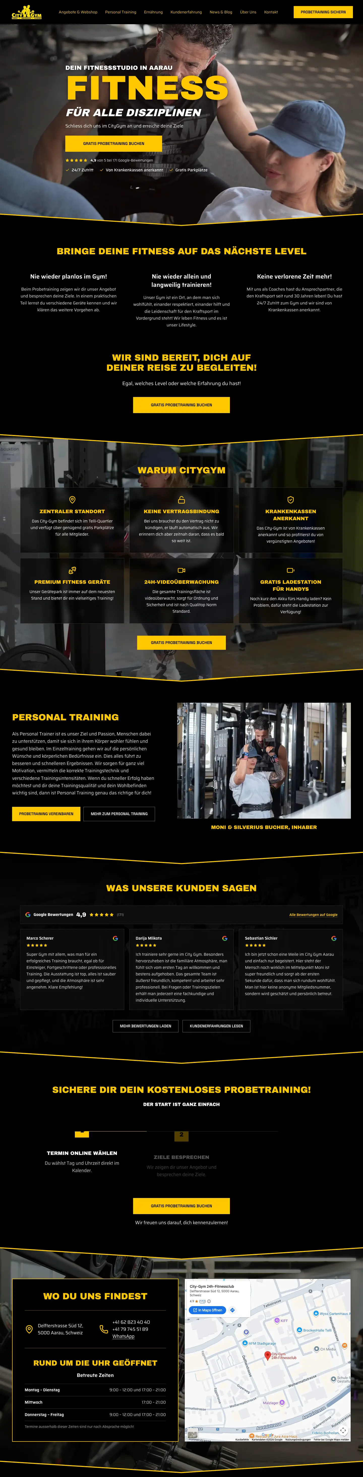 Ganze Startseite der neuen Website von CityGym Aarau