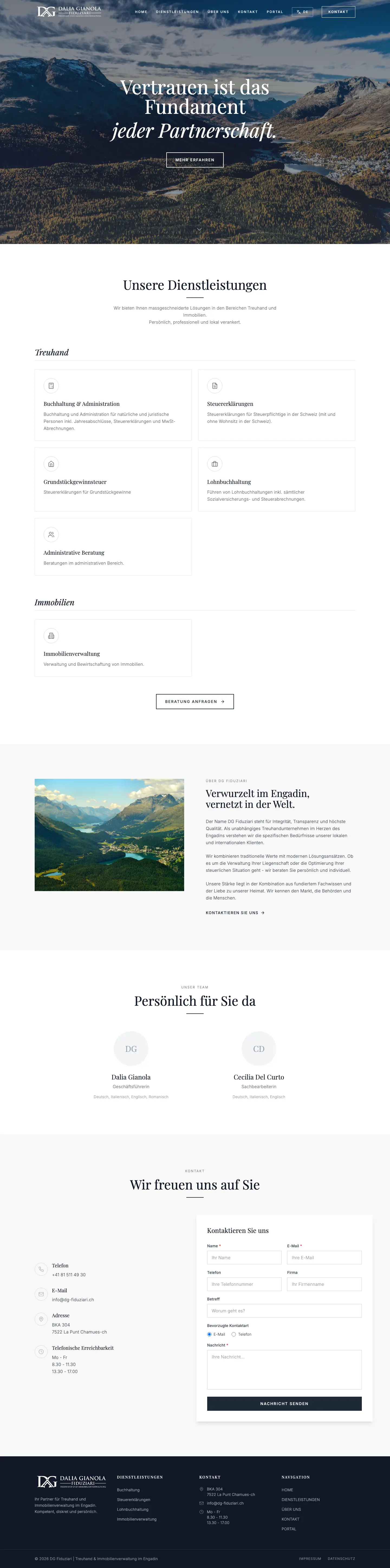 Ganze Startseite der Website von DG Fiduziari La Punt