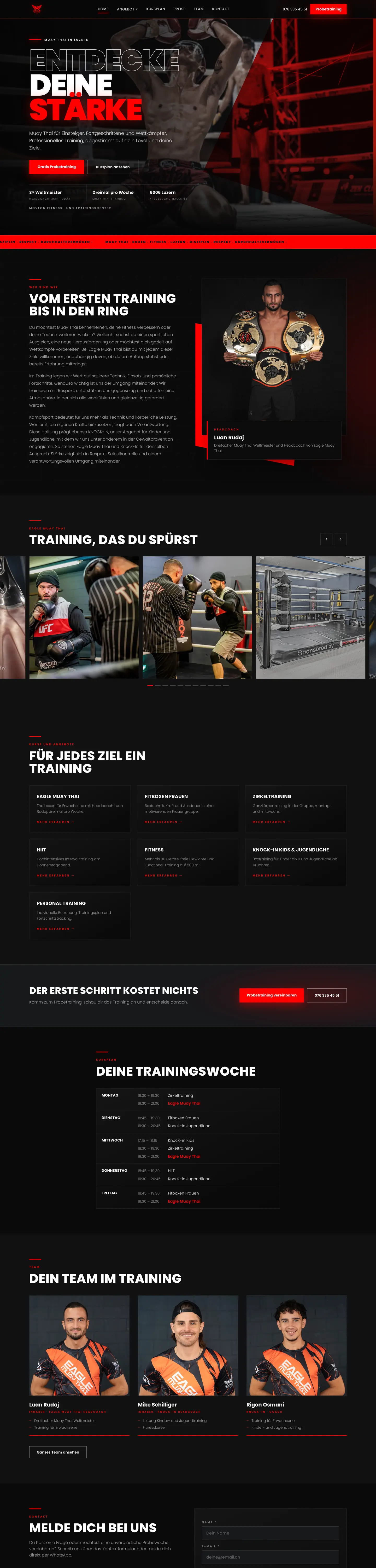 Startseite der Website von Eagle Muay Thai Luzern